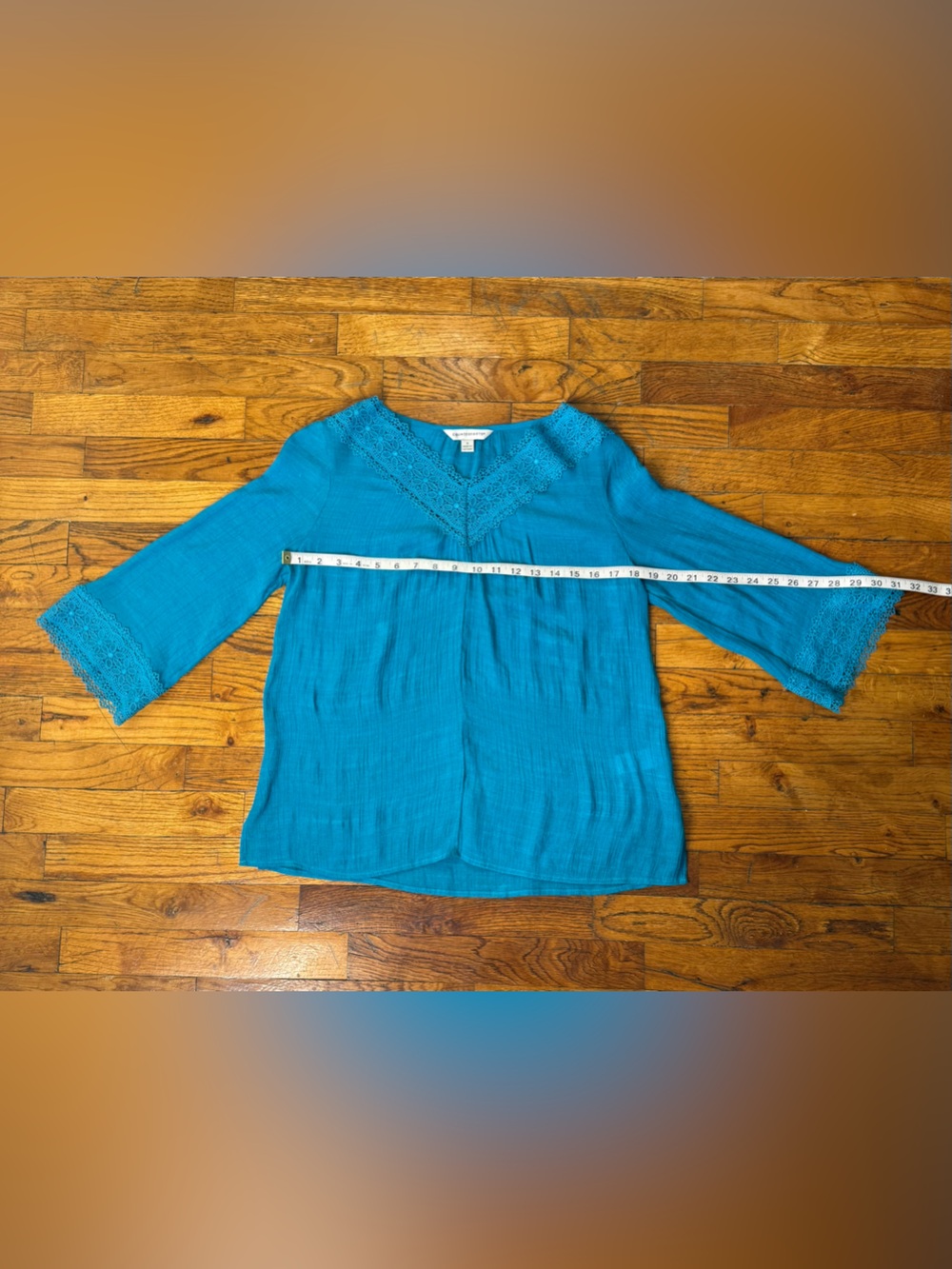 Counterparts Teal Boho Peasant Blouse Lace Trim V-Neck 3/4 Bell Sleeve - Size S - Picture 9 of 16